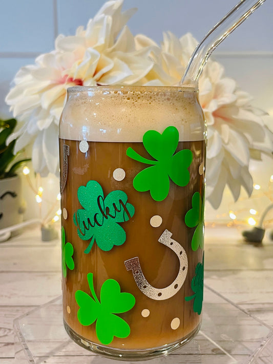 Lucky Shamrocks, Four Leaf Clovers and Horseshoes Gift Glass Can