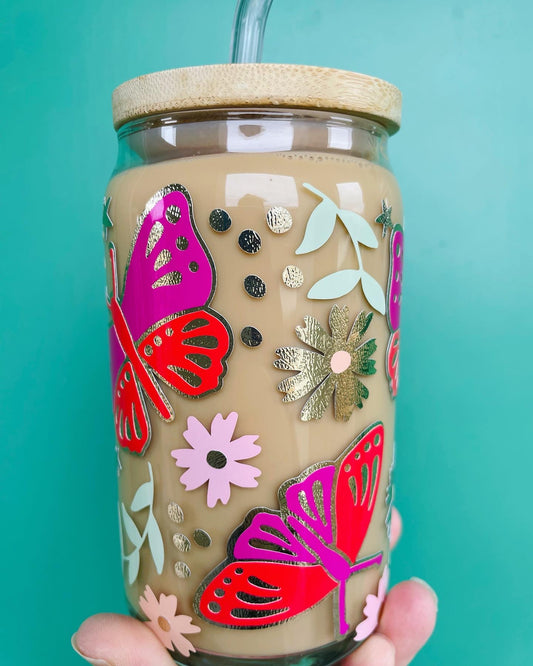 Color Changing Butterflies Spring Flowers Springtime Gift Glass Can